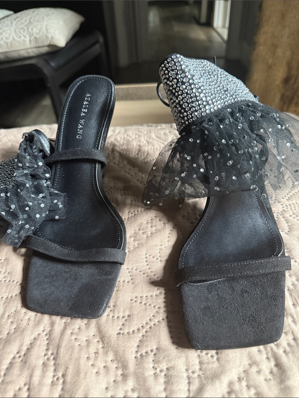 Azaleia Wang Black Crystal-Embellished Mesh Slide Mules